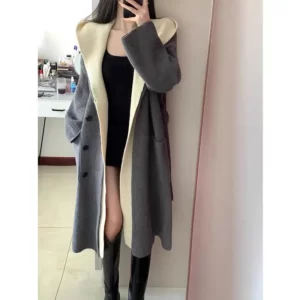 2024 Autumn New Clothing Women Long Hooded Sweater Cardigan Korean Lady Casual Loose Patchwork Gray Knit Overcoats New Knitwear2024 Autumn New Clothing Women Long Hooded Sweater Cardigan Korean Lady Casual Loose Patchwork Gray Knit Overcoats New Knitwear
