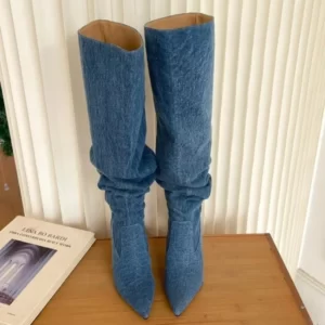 Denim Blue High Heels Long Boots for Women 2024 Autumn Pleats Pointed Toe Cowboy Boots Woman Thin Heeled Knee High Boot Shoes